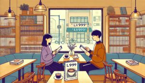 コージーなカフェで『山田くんとLv999の恋をする』をタブレットで読み作品の良さを語り合っているカップルのイラスト