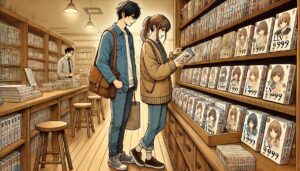 書店でKADOKAWA発行の『山田くんとLv999の恋をする』を手に取るカップルのイラスト