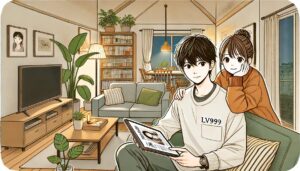 コージーなリビングルームで『山田くんとLv999の恋をする』をタブレットで読むカップルのイラスト