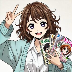 松方弘子が5冊の漫画を持ってピースサインをしている。彼女は喜びに満ちた笑顔を見せており、カジュアルなポーズで立っている。背景はシンプルで明るく、彼女の陽気な気分と持っている漫画本を強調している。