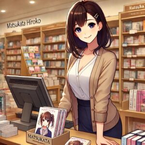 美しい女性松方弘子が本屋で本を売り込んでいます。彼女は本のディスプレイのそばに立ち、笑顔でお客さんと交流しています。本屋の中は棚が並び、温かく居心地の良い雰囲気です。