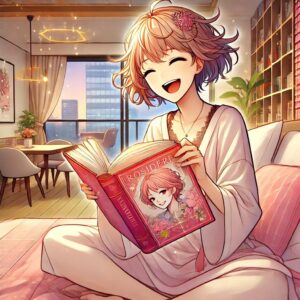 ピンク調の部屋でベッドに座りながらロシデレを楽しそうに読んでいるマーニャの姿を描きました。