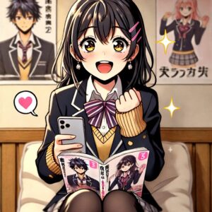 ガールクラッシュが大好きな女子高生がスマートフォンで漫画を見ている場面の画像です。彼女は喜びに満ちた表情で、キラキラした目でスマートフォンを見ています。スタイリッシュな制服を着て、居心地の良い部屋や学校のラウンジに座り、壁には『ガールクラッシュ』のポスターが貼られています。彼女の漫画への熱意と愛情がよく表現されています。