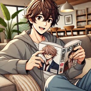 アニメ風のイラストで、20代の男性がソファに座って紙媒体の漫画を読んでいるシーン。現代的なリビングルームの中でくつろぎながら、漫画に夢中になって笑顔を浮かべている。漫画本の表紙にはアニメ風の絵が描かれている。