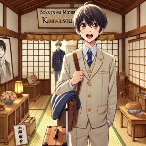 宇佐和成が河合荘に引っ越してくる様子を描いたシーン。彼が興奮した表情で荷物を持ちながら伝統的な日本の下宿に入る姿が描かれている。