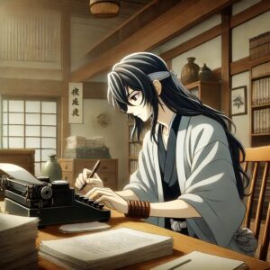 シロが作法着を着て小説を書いているシーンをアニメ調で描いたイラストです。シロが机に向かい、集中した表情で執筆している様子が表現されています。背景には伝統的な日本の装飾が施された河合荘の内部が描かれています。