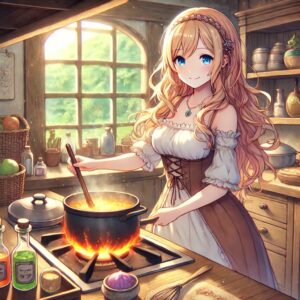 ファンタジー風のアニメスタイルのイラストで、エミリアが家庭的なキッチンで料理しているシーン。エミリアは長い金髪と温かい笑顔を持つ美しい若い女性で、シンプルでエレガントなドレスを着ています。彼女はストーブの前に立ち、鍋をかき混ぜています。周囲には様々な魔法の材料や調理器具が散らばっており、キッチンは木製のキャビネットや窓から見える幻想的な風景が特徴的です。温かみがあり、家庭的で落ち着いた雰囲気が漂っています。