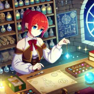 ダリヤが工房で魔導具を制作している様子のイラストです。ファンタジーの雰囲気が感じられるアニメ調のイラストで、ダリヤが魔法の道具を作成している姿を描いています。彼女の周りには様々な魔法のアーティファクトや材料が広がっており、工房の神秘的な雰囲気が伝わります。