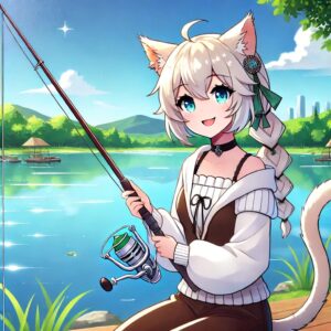 アニメスタイルの画像で、美しい猫の獣人サーミャが静かな湖で釣りをしている様子。サーミャは猫耳と尻尾を持ち、釣り竿を持ってリラックスし幸せそうな表情を浮かべている。背景には豊かな緑、青い空、穏やかな水面が描かれた静かで落ち着いた湖畔の風景。