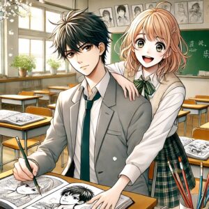 アニメスタイルの美しいイラストで、高校生の男子と女子が教室で作業している様子。男子は真剣な表情で漫画の原稿を描いており、女子は明るい笑顔でアシストしている。教室には机、椅子、黒板などの要素が含まれており、学校の雰囲気が表現されている。キャラクターたちはそれぞれの個性的な性格を反映した表情を見せている。