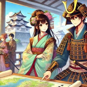 戦国時代の美形キャラクターたちが、日本の城を背景に戦略会議をしているシーン。登場人物は伝統的な侍の衣装を身にまとい、地図を指し示しながら熱心に話し合っている。