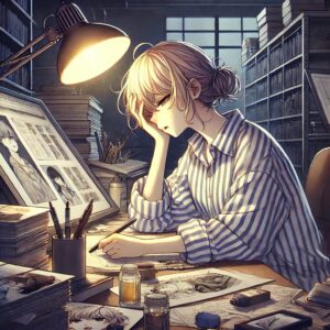 アニメ調のイラストで、美形の作画担当が連載のプレッシャーに追われて絶望している様子を描写しています。作画担当は、散らかった仕事場で机に座り、片手で頭を抱えつつ、もう片手がタブレットやスケッチパッドの上で止まっています。背景には、棚に詰まった本や漫画の資料が描かれ、仕事場のリアルな雰囲気を強調しています。動きのある構図と淡い光が、深い感情とストレスを表現しています。