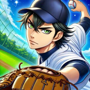 綾瀬川次郎が野球をプレイしている動きのあるアニメ調の画像です。背景には青い空と緑の野球場が描かれ、作品の活気ある雰囲気が伝わります。