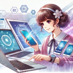 美しいキャラクターがスマートフォン、タブレット、ノートパソコンを同時に操作している動きのあるアニメ風イラスト。キャラクターはデジタルコンテンツの購入を示しており、背景には抽象的な技術要素が描かれていますが、特定のロゴや商標は含まれていません。キャラクターは2本の手を使ってデバイスを操作し、動きとインタラクションの感覚を表現しています。