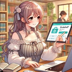 美しいアニメ調の人物がタブレットとノートパソコンを使用している様子。dブックのウェブサイトにログインし、アプリで本棚を確認している。背景は活気があり、活動的な雰囲気を醸し出している。人物の表情は、操作の簡単さと満足感を示している。