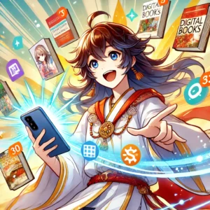 アニメ調の美形キャラクターが、電子書籍の特典を発見して喜んでいるシーン。スマートフォンを持ったキャラクターが笑顔で、もう一人のキャラクターが画面を指差して興奮している。背景にはカラフルな書店やデジタルライブラリが描かれ、電子書籍のアイコンや割引シンボルが飛び交っている。