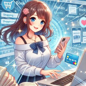 美形のアニメキャラクターがノートパソコンとスマートフォンを同時に使用しているイラスト。背景には本、ショッピングカート、クレジットカード、検索アイコンが動的に表示され、dブックでの電子書籍購入の簡単さを表現している。キャラクターは楽しそうで、テクノロジーとのインタラクションが活発なシーン。