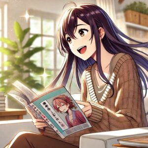 DMMブックスを利用して楽しく漫画を読んでいる20代の女性を描いたアニメ調のイラスト。女性は明るい部屋でデジタルタブレットを手に持ち、漫画に夢中になって笑顔を見せている。髪が軽く流れ、楽しさが感じられる動きのあるシーン。