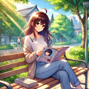 公園のベンチでマンガを読んでいる女子大生を、アニメ調で描いています。髪が風に揺れ、リラックスした雰囲気の中で楽しんでいる様子が伝わります。