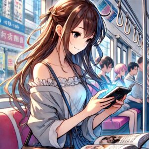 美しいキャラクターがスマートフォンでマンガを読んでいる様子をアニメ調で描いたイラスト。キャラクターは忙しい日常の中、駅や公園のような場所で、動きのあるシーンが描かれており、スマートフォンに夢中になっている姿が印象的です。