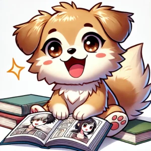 漫画を読んでいるかわいい犬のキャラクター。表情は楽しそうで、毛がふわふわしている。漫画の本が前に開かれていて、犬の動きが生き生きと表現されている。