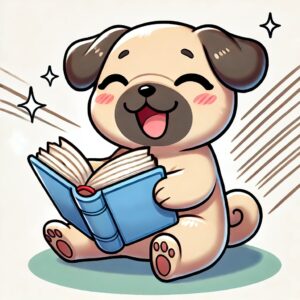 「拝啓見知らぬ旦那様」を楽しそうに読んでいるアニメ調のパグ