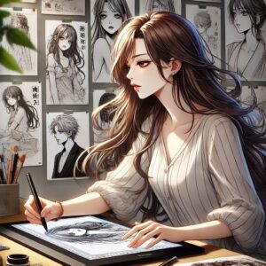 美しい女性（丸山薫）が机に向かい、漫画『司書正』を描いているアニメ調のシーン。現代的なアーティストのスタジオが背景で、スケッチブックやインキングツール、キャラクターの参考資料が壁に貼られている。彼女は集中してペンを動かしており、長い髪と優雅な表情が特徴的。シーンは創作のエネルギーと情熱が溢れ、彼女が作品に没頭している様子が描かれている。