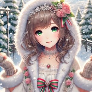 広大な雪原の中、美しい凛とした表情の王女風の少女が並んで立ち、冷たい風に髪や衣服がなびいている。