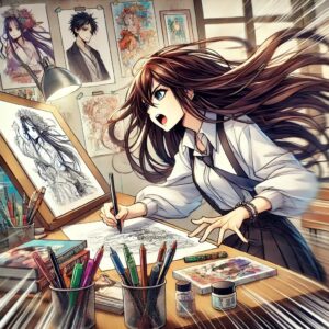 漫画を描いている美形の女性アーティストが、描画デスクに座り、情熱を持って作品に取り組んでいるシーン。動きが感じられ、アート用具が周囲に散らばっている。