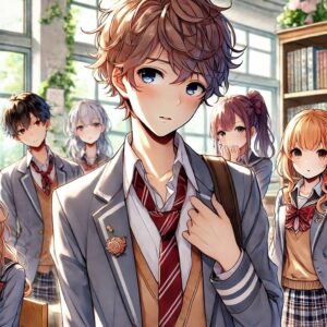 二人のキャラクターが日常の中で親しげに交流する姿を描いたアニメ調のビジュアルです。男子は存在感が薄く控えめな表情、女子は無邪気な笑顔を見せながら手を振っています。学校の廊下での動きのある瞬間が伝わる描写です。