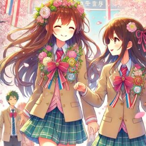 春の暖かな日差しの中、若い男女が笑顔で並んで歩いているシーン。桜の花びらが舞い、青空が背景に広がっている。女の子は少し前のめりで楽しげな表情を浮かべ、男の子は控えめに微笑んでいる。二人の自然な仕草が青春の輝きを表現している。