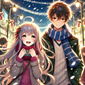 高校生のカップルがクリスマスの街を楽しそうに歩いているシーンをアニメ調で描いています。女の子は長い髪をなびかせて微笑みながら小さなプレゼントを持ち、男の子は照れた表情でマフラーを巻いています。二人の周りには街灯やクリスマスの装飾が輝き、雪が優しく舞っており、温かく幻想的な雰囲気が漂います。