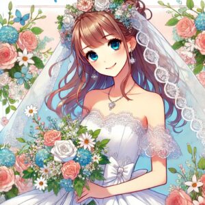 長瀞さんとセンパイが結婚式を挙げるシーン。白いウェディングドレス姿の女性が明るい笑顔で、タキシードを着た男性が恥ずかしそうに微笑んでいる。背景には花が飾られた祭壇と晴れた空が広がり、手を取り合う姿が描かれている。