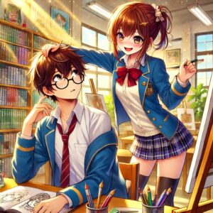 高校の図書室を舞台にしたアニメ風イラスト。眼鏡をかけた控えめな美術部の先輩がスケッチブックを手にしており、元気で自信に満ちた後輩の長瀞さんがいたずらっぽい笑顔で彼に近づいている。背景には本棚や大きな窓から差し込む陽光、美術の道具が配置され、2人の特別な瞬間が生き生きと描かれている。