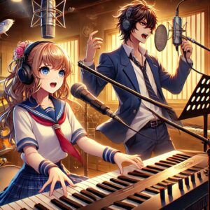 音楽スタジオで繰り広げられる感動的なシーンを描いたアニメ調のイラスト。美しい高校生の女の子がキーボードを演奏し、情熱的な表情の青年がマイクで熱唱している。背景には楽器や音響機材が配置された暖かい雰囲気のスタジオが描かれ、二人の間には音楽を通じた深い感情の交流が感じられる構図。