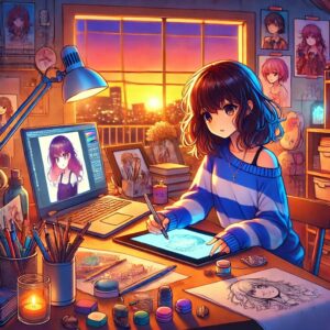 若い女性の漫画家がデスクでタブレットに描画しているアニメ風のイラスト。デスクにはアート用品やスケッチ、ノートパソコンがあり、部屋は本やポスターで飾られた温かみのある空間。背景には夕日が差し込む窓と都市の風景が描かれ、創造性と情熱が感じられる場面。