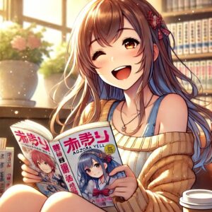 「青空エール」を楽しそうに読んでいる女子大生のアニメ調の画像です。