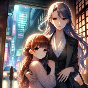 若い女性が幼い少女を守るように抱きしめる姿が、都市の雰囲気を背景に描かれています。