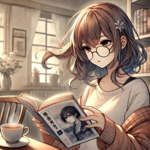 『ハッピーシュガーライフ』を読みながら緊張感を抱く若い女性。彼女はアニメ調の部屋でソファに座り、表情には驚きと集中が見える。後ろには柔らかい光の本棚とティーカップが置かれたテーブルがあり、動きのある髪が彼女の感情を引き立てている。