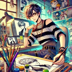 スタイリッシュな若い漫画家が、ダイナミックなポーズで作業をしているアニメ風イラスト。作業机には漫画の原稿や描画ツールが広がり、背景にはアート用品や漫画が並ぶ棚が描かれた、創造的なスタジオの風景。