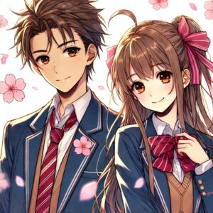 桜舞う校庭で、高校生の男女が真剣に話し合う情景をアニメ調で描いています。表情や動きに感情がこもったシーンとなっています。