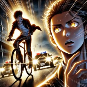 漫画「タッチ」のシーンから、和也が自転車で急いでいる様子を背景に、突然の事故を示唆する車のライトが迫っている情景。達也がその知らせを受けてショックを受ける場面を重ね、物語の転換点となる和也の死の衝撃を象徴的に表現。