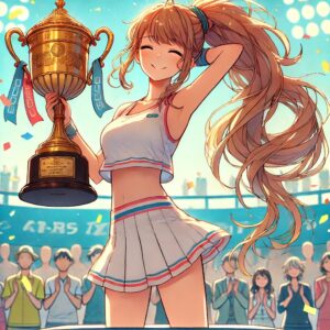 ポニーテールの女性テニスプレイヤーが優勝後に表彰台でトロフィーを手にするアニメ調イラスト。笑顔で喜びを表し、試合で戦った後の名残がユニフォームに見られる。背景には観客の歓声と祝福の紙吹雪が舞い、明るく華やかな雰囲気が広がる。