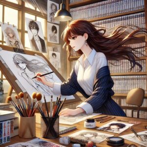 美しいアニメ調の女性漫画家が、スタジオのデスクでペンを動かしながら作画に集中している様子。周囲には漫画の原稿、スケッチ、道具が広がり、背景には本棚やアート関連の物品が描かれている。