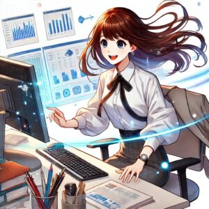 美しいアニメ調の女性が、オフィスでデスクに向かい仕事をしている様子。スタイリッシュなビジネススーツを着ており、明るく活発な表情と動きのあるポーズが描かれている。