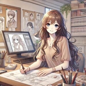 美しいアニメ調の女性が漫画の打ち合わせをしているイラスト。整った顔立ちで、集中した表情を浮かべながら机に向かい、資料やスケッチに取り組んでいる。背景は本棚やピンボードが並ぶ仕事場の雰囲気で、アート制作のプロフェッショナルな空間を感じさせる。