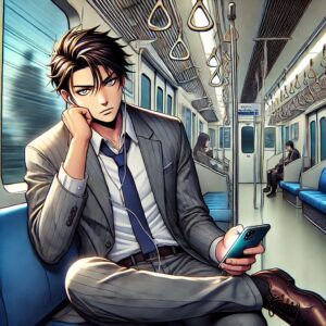 電車内でアニメをつまらなそうにスマホで見る男性