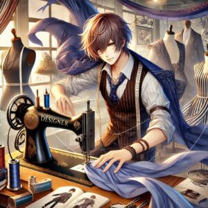 ファッションデザイナー志望の都村育人が情熱をもって服を作っている様子を描いています。背景にはデザイナー事務所とミシンのディテールが加わり、活気と動きのある雰囲気を表現しています。